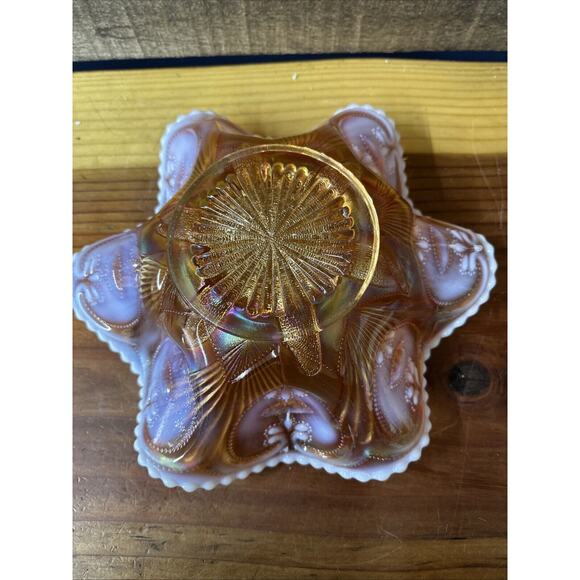 Dugan Victor Petal & Fan Pattern Beaded Ruffled Edge Orange Opalescent Bowl - Picture 6 of 8